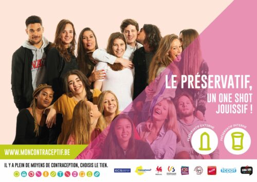 Affiche illustrant le moyen de contraceptif qu'est le préservatif. Cette affiche a été réalisée dans le cadre de la campagne "Mon contraceptif".