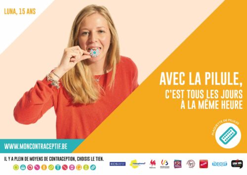 Affiche illustrant la prise quotidienne de la pilule contraceptive. Cette affiche a été produite dans le cadre de la campagne "Mon contraceptif".