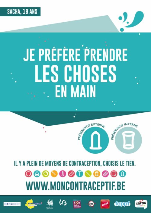 Affiche illustrant le préservatif féminin et masculin. Cette affiche a été réalisée dans le cadre de la campagne "Mon contraceptif".